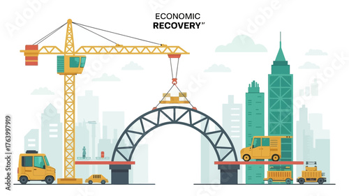 Construction crane and workers building a futuristic archway bridge amidst a modern city skyline symbolizing progress and recovery