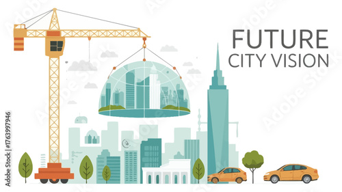 A crane lifts a globe showcasing a futuristic city symbolizing growth and innovation in urban development and smart city concepts