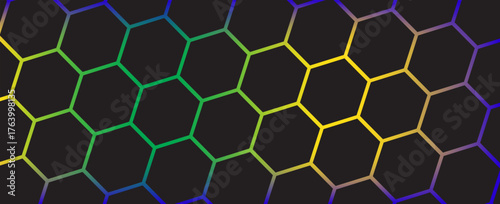Dark hexagon abstract technology background with blue and green colored bright flashes under hexagon. Hexagonal gaming vector tech illustration black abstract background. modern