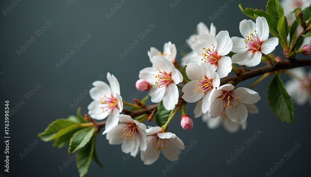 Obraz premium Delicate white cherry blossoms with pink centers, yellow stamens grace dark background. Branch displays blooming flowers, green leaves, suggesting spring arrival. Fragile petals, detailed closeup,