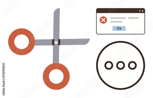 Fototapeta Open scissors near a loading circle and error dialog window with Ok button express interruption, disconnection, or termination