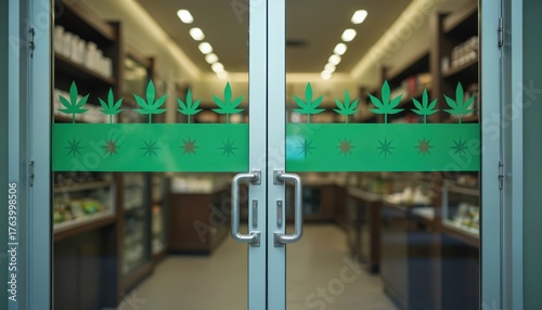 Glass doors with cannabis leaf pattern decorations lead to legal dispensary interior. Shelves stocked with products visible inside modern retail establishment. Entrance signifies legitimate market