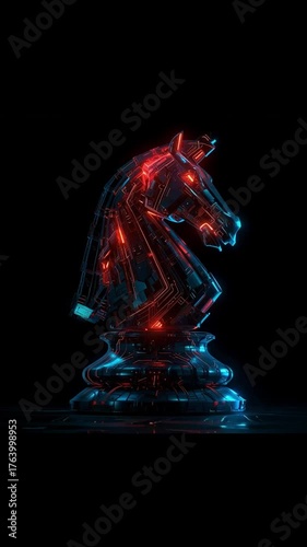 Futuristic Chess Knight With Red And Blue Neon Lights In Dark Studio
