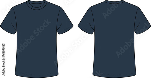 Navy blue t-shirt vector illustration set, front and back views, short sleeves, crew neckline, casual clothing design, apparel template
