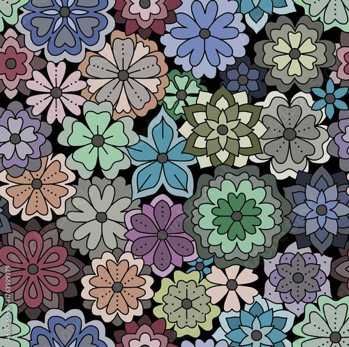 A hand-drawn floral pattern in bright colors.Seamless pattern.