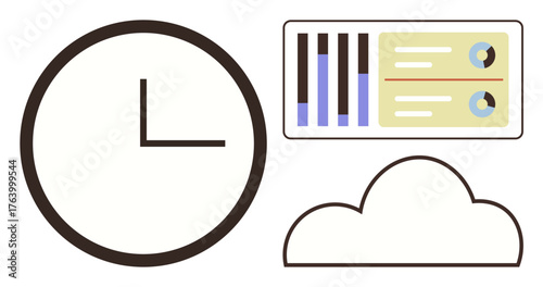 Clock representing time, bar charts, data panels, and cloud icon for productivity, performance analysis, data storage, scheduling, teamwork digital transformation and strategic management. A simple