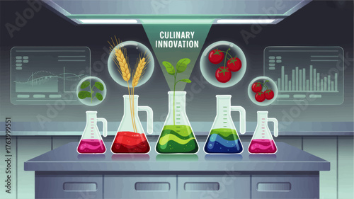 Culinary Innovation Laboratory Concept – Food Science, Biotechnology, and Future Farming with Plants and Lab Equipment Illustration