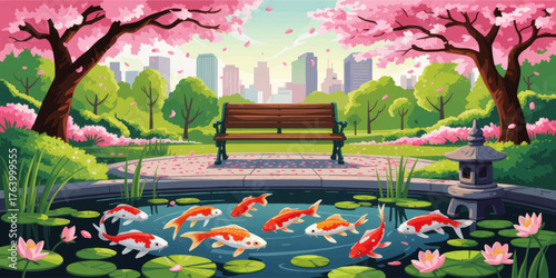 Tranquil Japanese Garden With Koi Pond, Cherry Blossom Trees, Lotus Flowers, Wooden Bench, Spring Scenery, City Skyline, Vibrant Vector Art