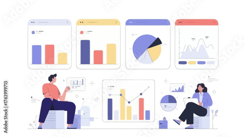 Diverse data visualization dashboards and charts analyzed by two individuals in a modern minimalist workspace