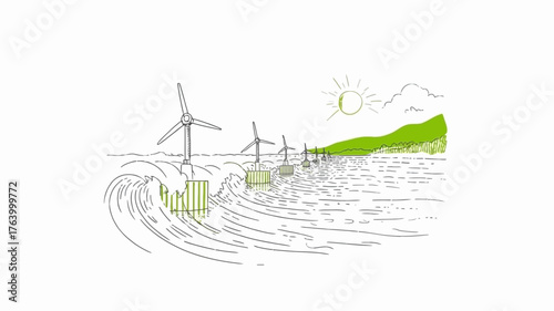 Sketch of offshore wind turbines generating clean energy in a choppy sea with a green hillside in the background