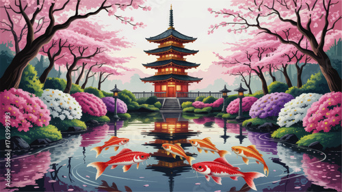 Tranquil Japanese Garden with Pagoda, Koi Fish Pond, Cherry Blossoms, and Colorful Azaleas in Vibrant Spring Landscape Illustration