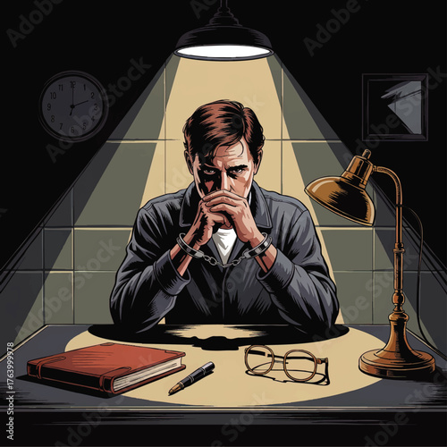 Interrogation Room Scene with Handcuffed Man Under Spotlight, Desk Lamp, Notebook and Glasses – Dramatic Crime Illustration