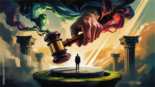 Surreal Illustration of Divine Judgment with Giant Hand Holding Gavel over Man, Ancient Columns, Dramatic Sky, Symbolic Justice Concept