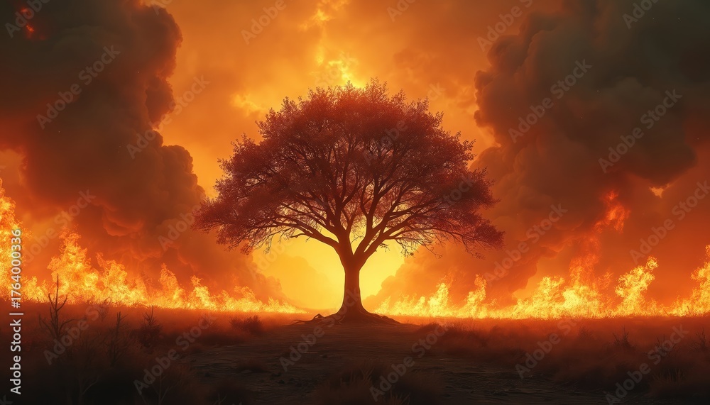 Naklejka premium Solitary tree stands against raging inferno, flames engulfing landscape under dramatic night sky. Smoke billows, creating ominous apocalyptic scene. Intense heat, glowing embers, symbol of nature
