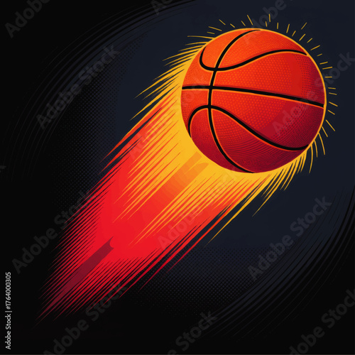 Dynamic Basketball Illustration with Fiery Motion Trail, Vibrant Colors, and Energetic Sports Theme on Black Background