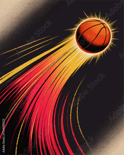Dynamic Retro Basketball Illustration with Neon Motion Trails and Halftone Texture on Dark Background