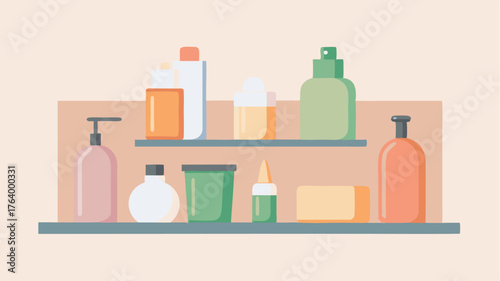 A chic wallmounted organizer displaying an array of creams and oils with a backdrop of muted pastel colors to create an inviting atmosphere.