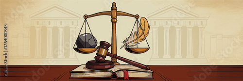 Justice Scale and Gavel on Legal Book with Courthouse Background – Law and Order Concept Illustration, Balanced Justice Symbol