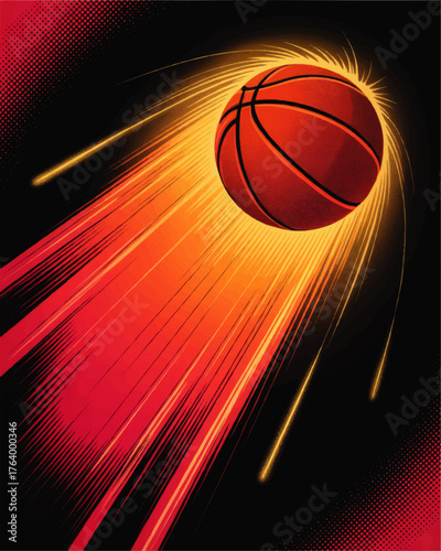 Dynamic Basketball Shooting Through Fiery Trails on Black Background – Energetic Sports Illustration for Posters and Promotions