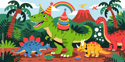 Cute Dinosaur Birthday Party Illustration with Cartoon T-Rex, Cupcakes, Balloons, Rainbow, Palm Trees, and Volcano in Colorful Jungle