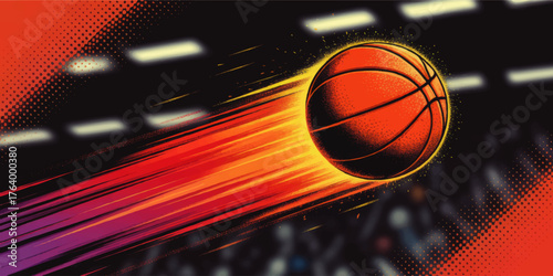 Dynamic Basketball Comic Illustration – Fast Motion Sports Ball on Court with Vibrant Red and Orange Streaks, High Energy Pop Art