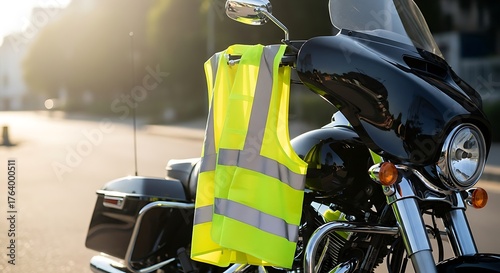 Reflective safety vest hanging beside motorcycle under soft daylight, clean minimalist composition, concept of visibility and road safety, realistic photo.