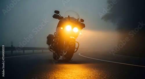 Motorcycle headlights glowing through morning fog, warm light tone, cinematic mood, concept of visibility and careful riding, realistic atmospheric photo.