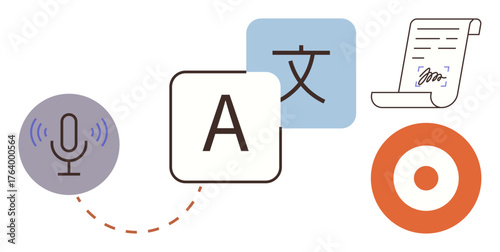 Microphone for voice input, translation icons, handwritten document, and circular target. Ideal for communication, technology, language, education accessibility workflow collaboration. Simple flat
