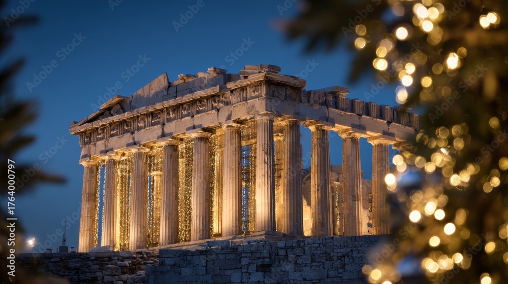 Obraz premium Parthenon, Greece, decorated with Christmas lights