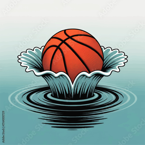 Creative Basketball in Seashell Illustration – Unique Sports Concept Art with Water Ripples, Blue Gradient, Modern Vector Design