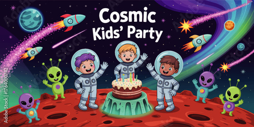 Space Birthday Party for Kids with Astronauts, Friendly Aliens, Rockets, and Cake on Colorful Outer Space Background Illustration