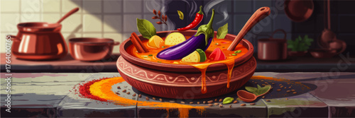 Vibrant Vector Illustration of Spicy Vegetable Curry in Clay Pot with Fresh Ingredients and Aromatic Spices in Rustic Kitchen