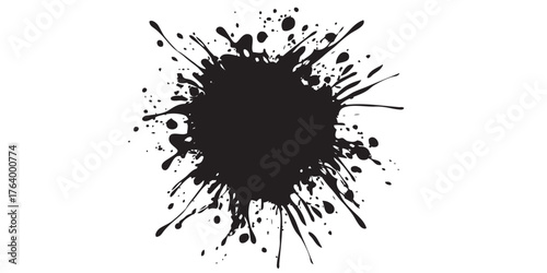 Circular black ink blot with radiating splatters and a messy grunge texture.