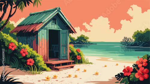 Tropical Beach Hut Illustration with Hibiscus Flowers, Turquoise Water, Palm Trees, and Sunset Sky – Summer Coastal Paradise Vector Art