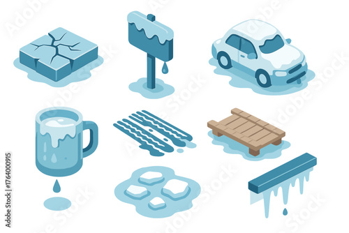 Melting Ice Transitions. Ice to Water set icons in flat vector style cracked ice slab melting, dripping frozen signpost, snow-covered car thawing, melting frosty mug, slushy tire