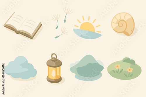 Serene Elements Icons. Gentle Ease set icons in flat vector style open book, dandelion seeds drifting, sunrise horizon, calm seashell, soft cloud, glowing lantern, misty hill