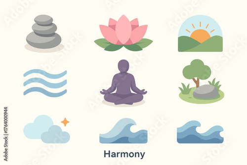 Isometric Harmony Icons. Harmony set icons in flat vector style balanced stones, lotus blossom, sunrise over hills, flowing water, meditating figure, tranquil garden, serene sky