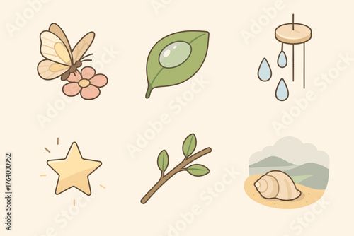 Delicate Natural Icons. Delicate set icons in flat vector style butterfly on flower, dew drop on leaf, light rain fall, soft wind chime, glowing star, resting branch, seashell on