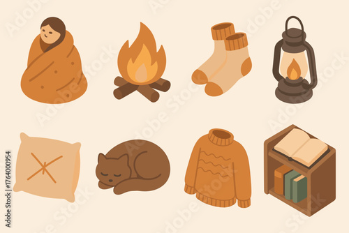 Cozy Winter Essentials. Snug set icons in flat vector style wrapped blanket, flickering fire, warm socks, calm lantern, stuffed pillow, resting pet, knitted sweater, quiet book