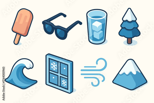 Cool Isometric Icons. Cool Ease set icons in flat vector style popsicle, sunglasses, ice water glass, frozen tree, calm wave, frosty window, breeze lines, snowcap hill