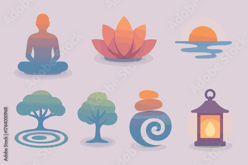 Mindful Icons Set. Mindful Breathing set of icons in gradient flat calm figure silhouette, lotus blossom, sunrise horizon, tranquil pond, shaded tree, smooth pebble stack, flowing