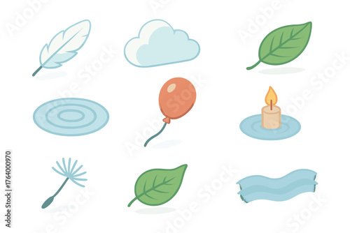 Floating Elements. Floating set icons in flat vector style drifting feather, cloud in sky, floating leaf, soft ripple, balloon rising, candle on water, dandelion seed, gentle wave