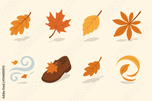 Autumn Leaves in Motion. Autumn Breeze set icons in flat vector style oak leaf falling, maple leaf mid-air, birch leaf drifting, chestnut leaf tumbling, swirling gust with leaves