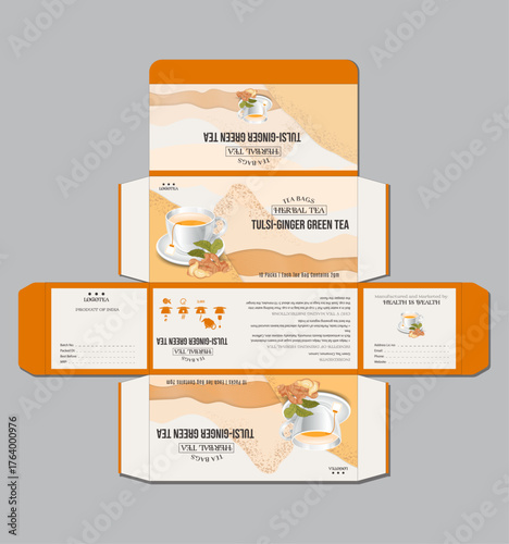 Herbal tea box packaging design template with tulsi and ginger sketch illustration