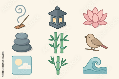 Zen Elements Icons. Tranquil Zen set icons in flat vector style incense smoke swirl, quiet lantern, lotus flower, smooth pebble stack, open sky, bamboo grove, resting bird, gentle