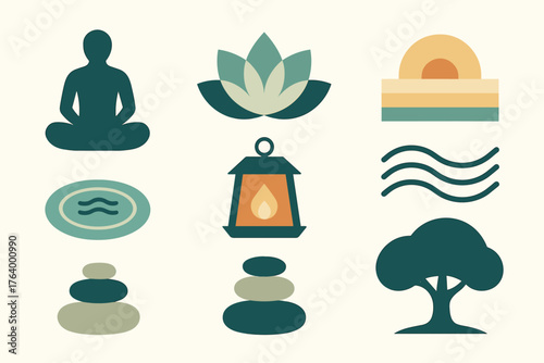 Sacred Sound Icons. Sacred Sound set of icons in geometric flat vector style meditating posture silhouette, lotus blossom, sunrise horizon, sound vibration lines, tranquil pond