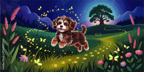 Playful Cute Puppy Running Through Magical Meadow at Night with Glowing Fireflies, Wildflowers, and Moonlit Scenic Landscape Illustration