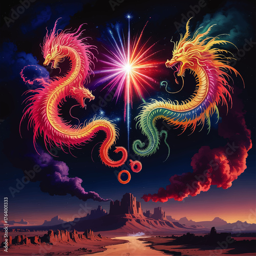 Vibrant Fantasy Dragons Clashing in Cosmic Desert Sky, Fireworks and Stars, Mystical Night Landscape Illustration