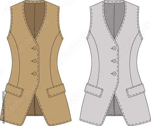 Sleeveless vest fashion illustration vector set, V-neck button front, flap pockets, garment construction sketch, tan and gray clothing design