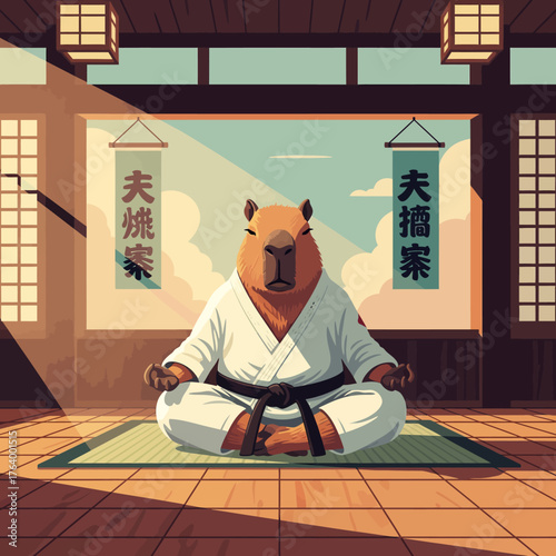 Capybara practicing martial arts in a dojo